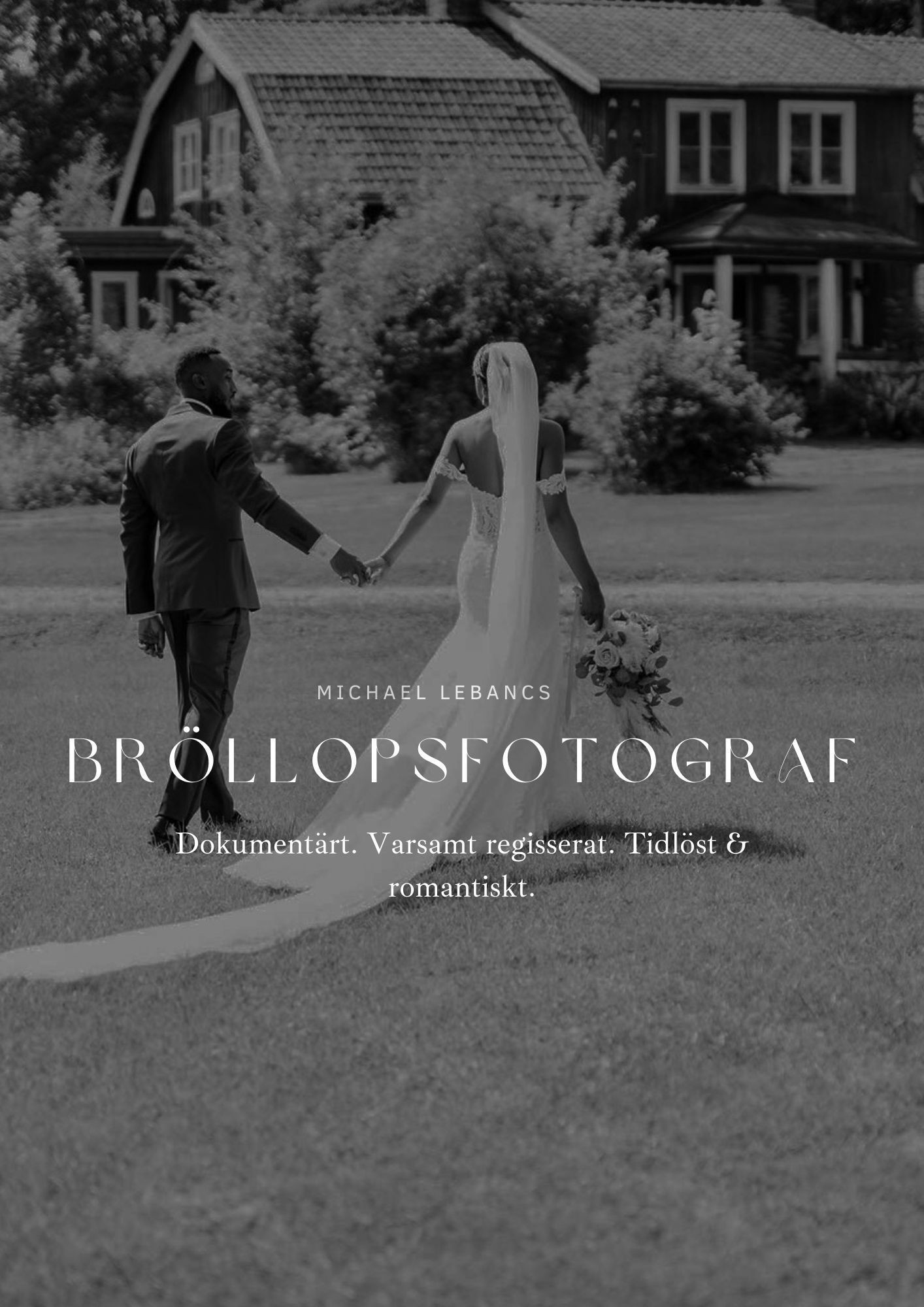 A romantic black and white wedding photo collage showing a couple dancing and embracing outdoors near a rustic building.