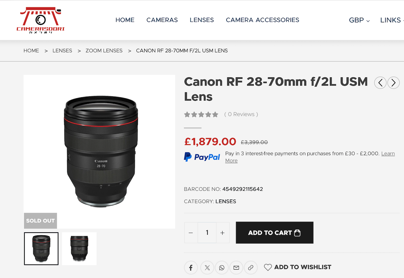 Canon RF 28-70mm f/2L USM professional zoom lens product listing page showing price and add to cart options.