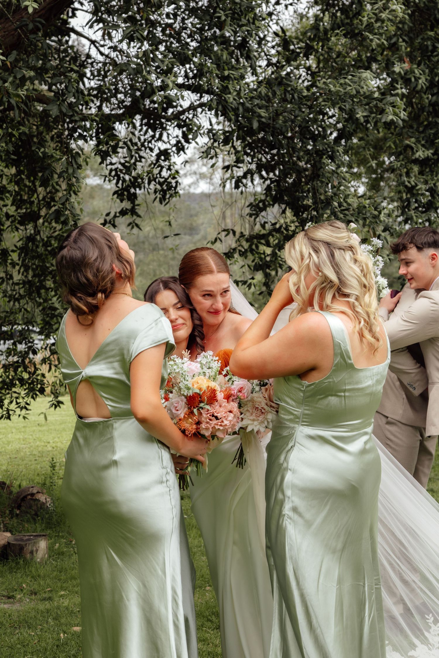 A sequence of candid moments showing bridesmaids in mint green dresses sharing laughter and hugs during a wedding photoshoot.