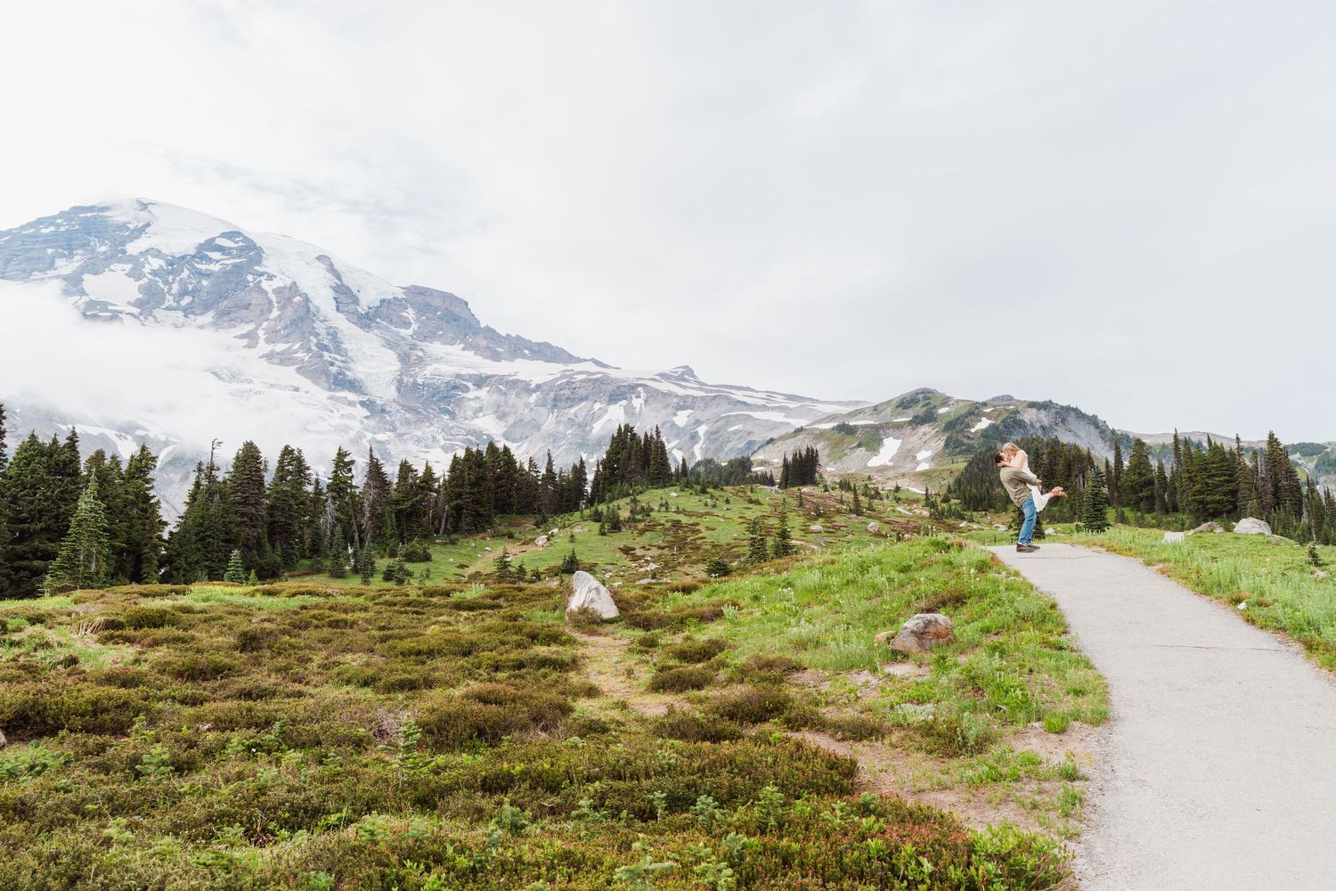 A scenic mountain hiking trail winds through alpine meadows with snow-capped peaks in the distance.