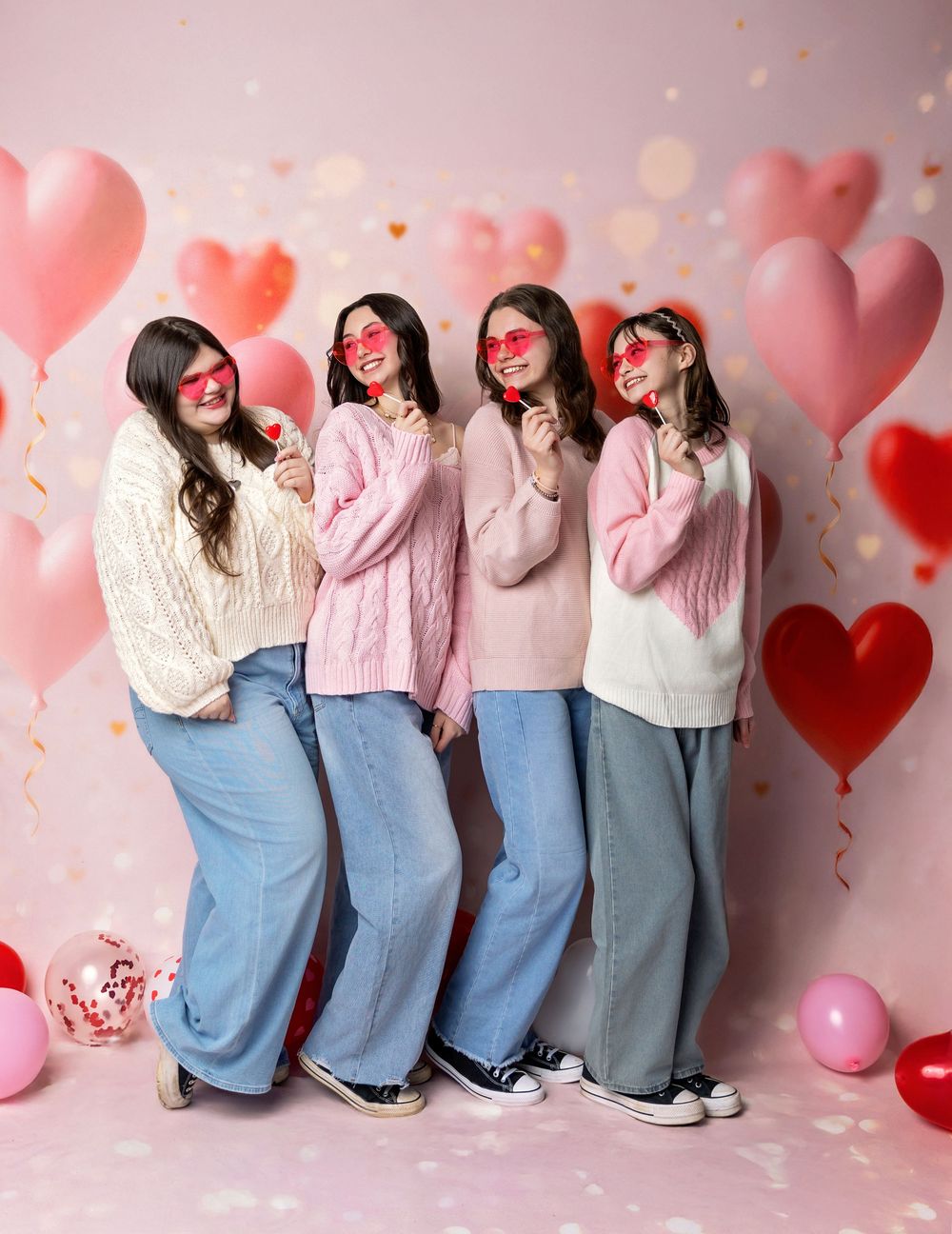 Group of teen best friends pose together on pink heart backdrop during Valentine’s studio session in NH