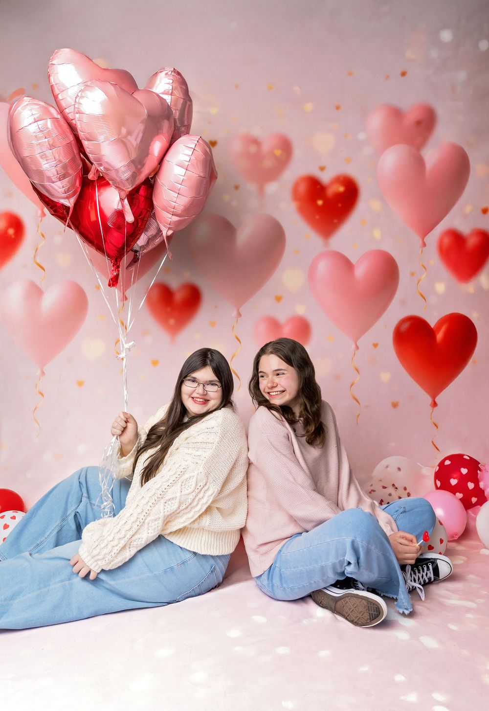 Teen best friends laugh wearing heart glasses on pink Valentine’s balloon backdrop in New Hampshire studio