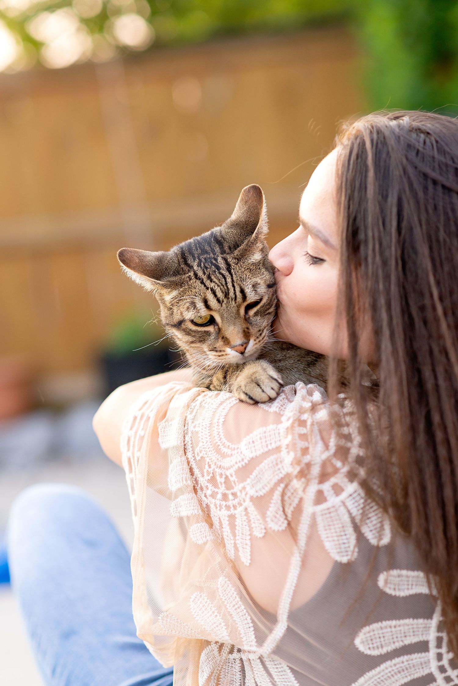 Cat receiving affectionate kisses while sitting outdoors in warm sunlight.
