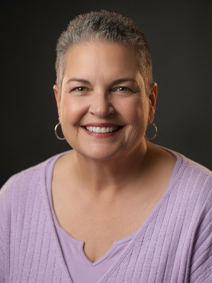 A series of cropped photos showing someone wearing a purple and white tie-dye shirt against a brick wall background.