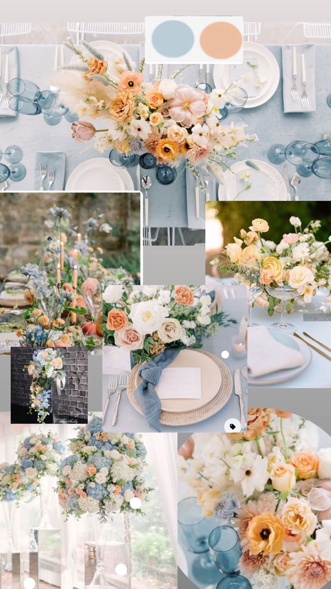 Wedding mood board featuring dusty blue and peach floral table decorations.