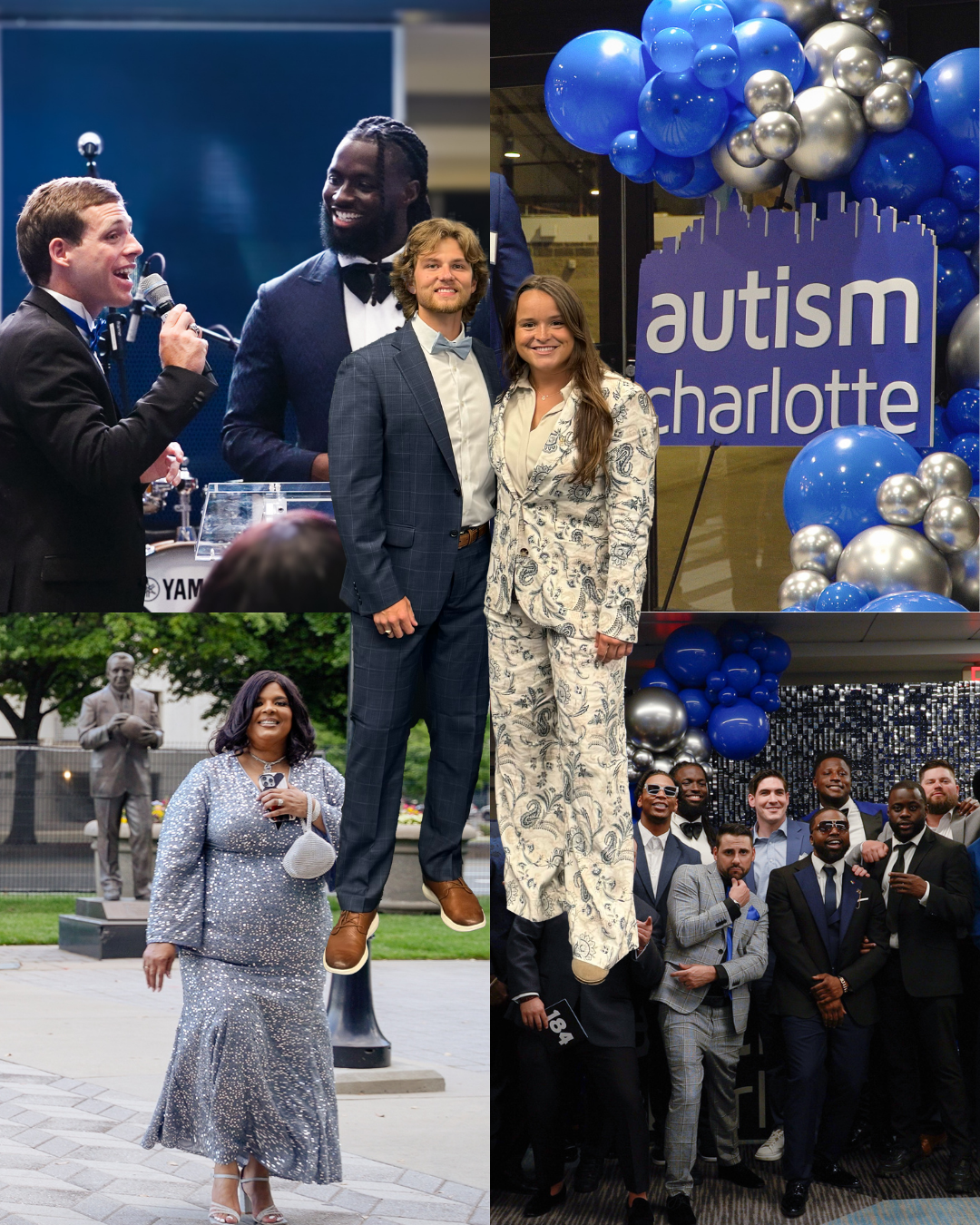 A celebratory event with blue and silver balloons featuring people in formal attire dancing and socializing.