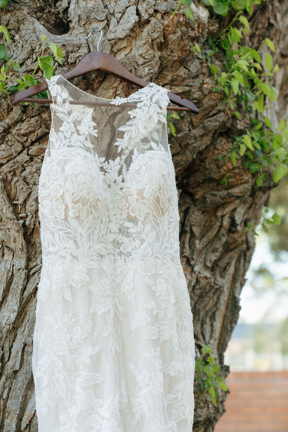 Elegant lace wedding gown with floral details hanging on a wooden hanger against a tree.