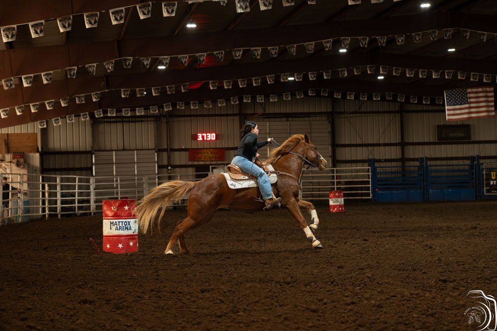 Equestrian rider on chestnut horse galloping past barrel in competitive indoor rodeo event.