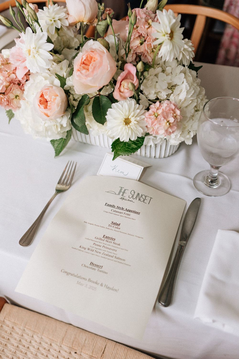 Intimate wedding table decor and setup at The Sunset Restaurant in Malibu.