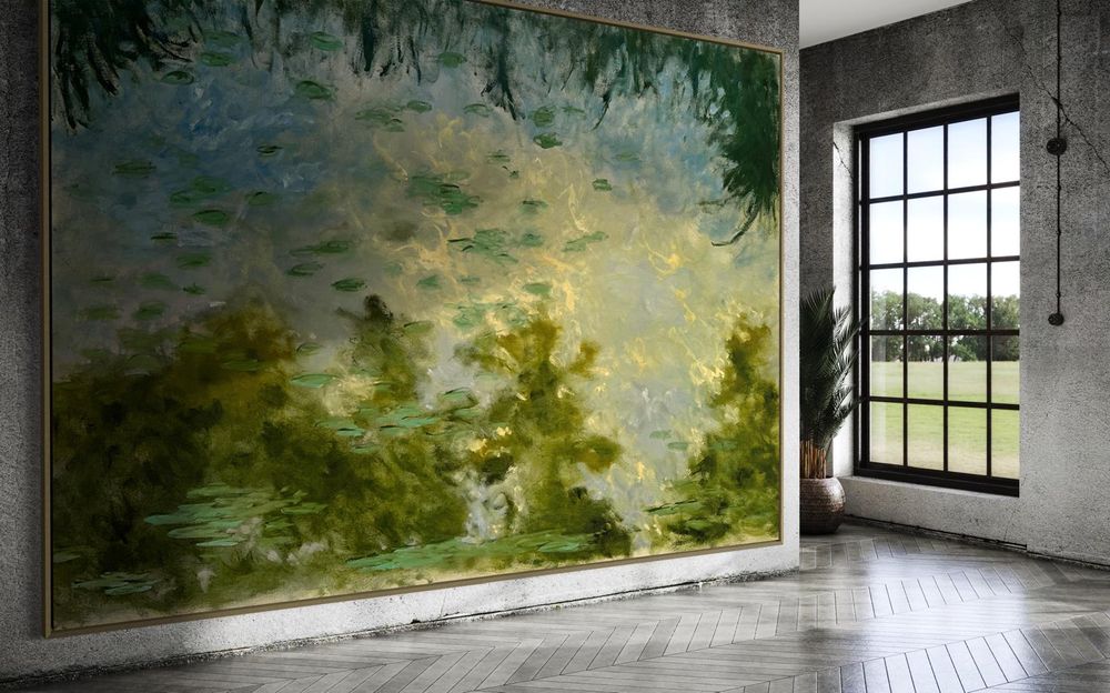 Ethereal green and blue wall mural creates a dreamy forest-like atmosphere Monet Kim ahonoukoun legacy interior design
