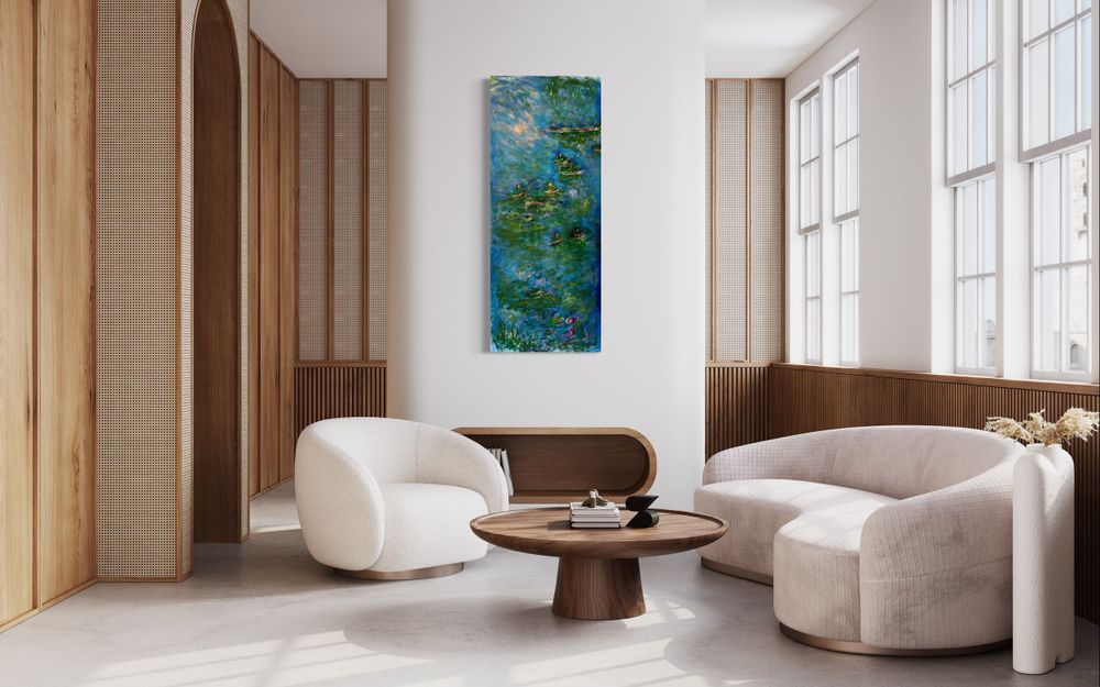 Minimalist living room with curved furniture and vertical blue-green abstract art piece.