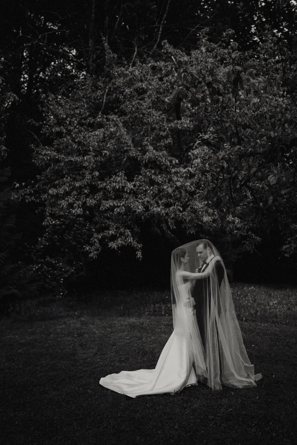 Dramatic black and white wedding photo with flowing veil against a backdrop of trees.