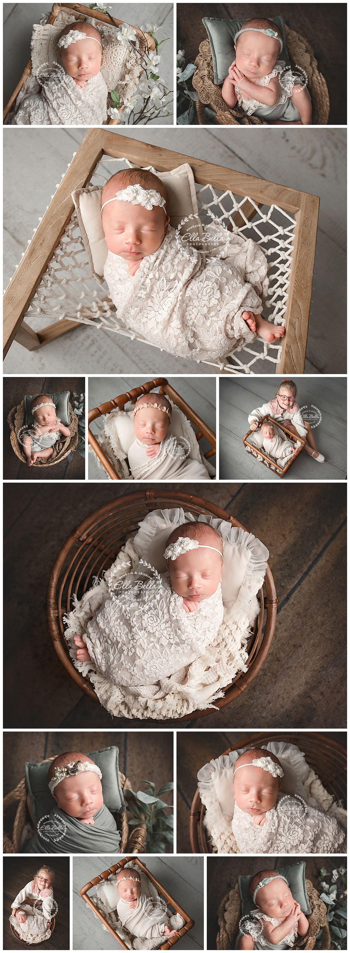 Newborn baby peacefully sleeping in lacey white gown posed in rustic wooden props during professional photo session.
