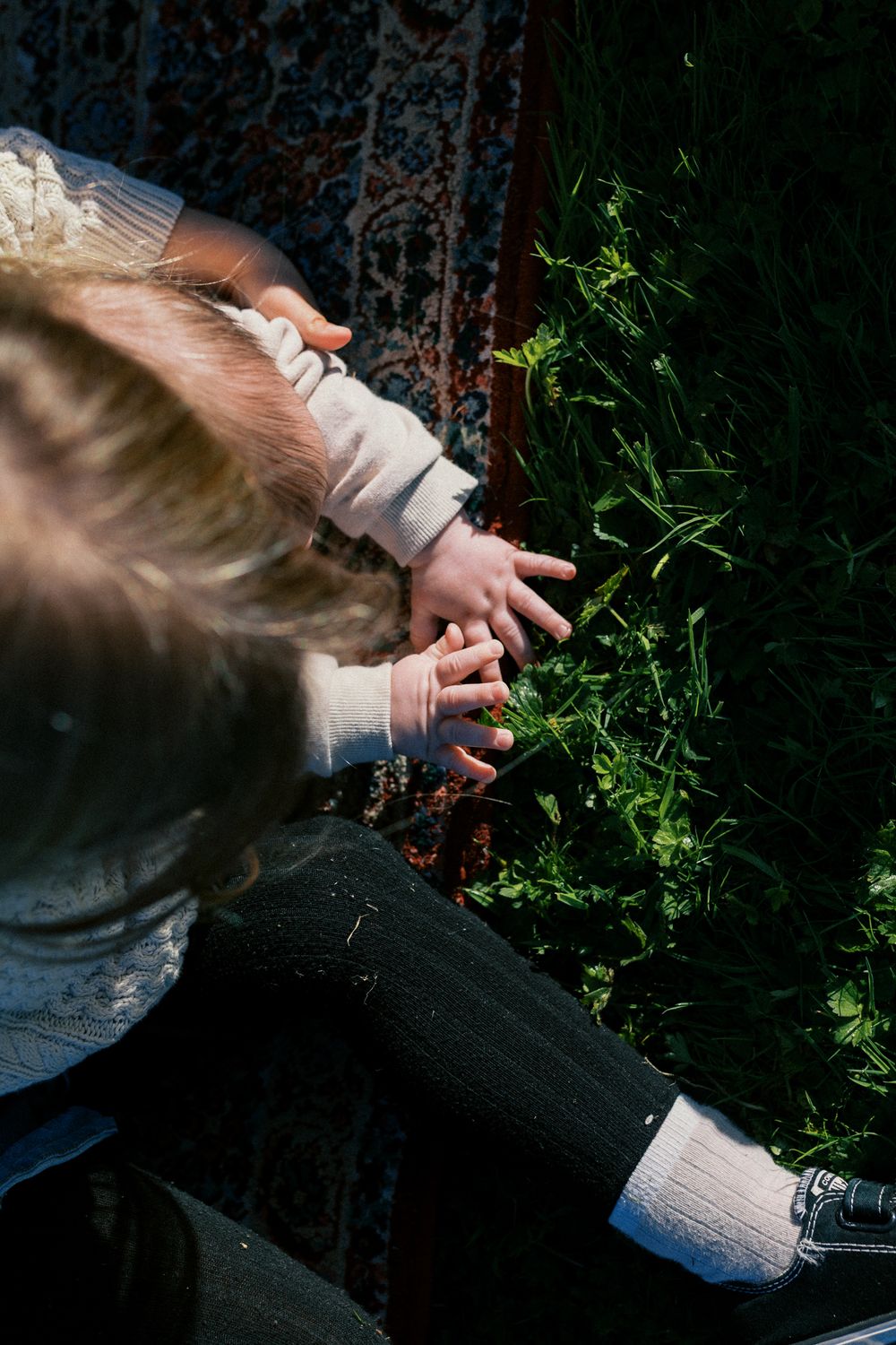 Hands reaching out to interact with green plants and vegetation in a garden setting.