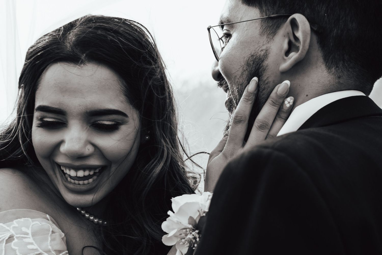candid portrait of bride and groom laughing in Dundee by Scotland couples photographer