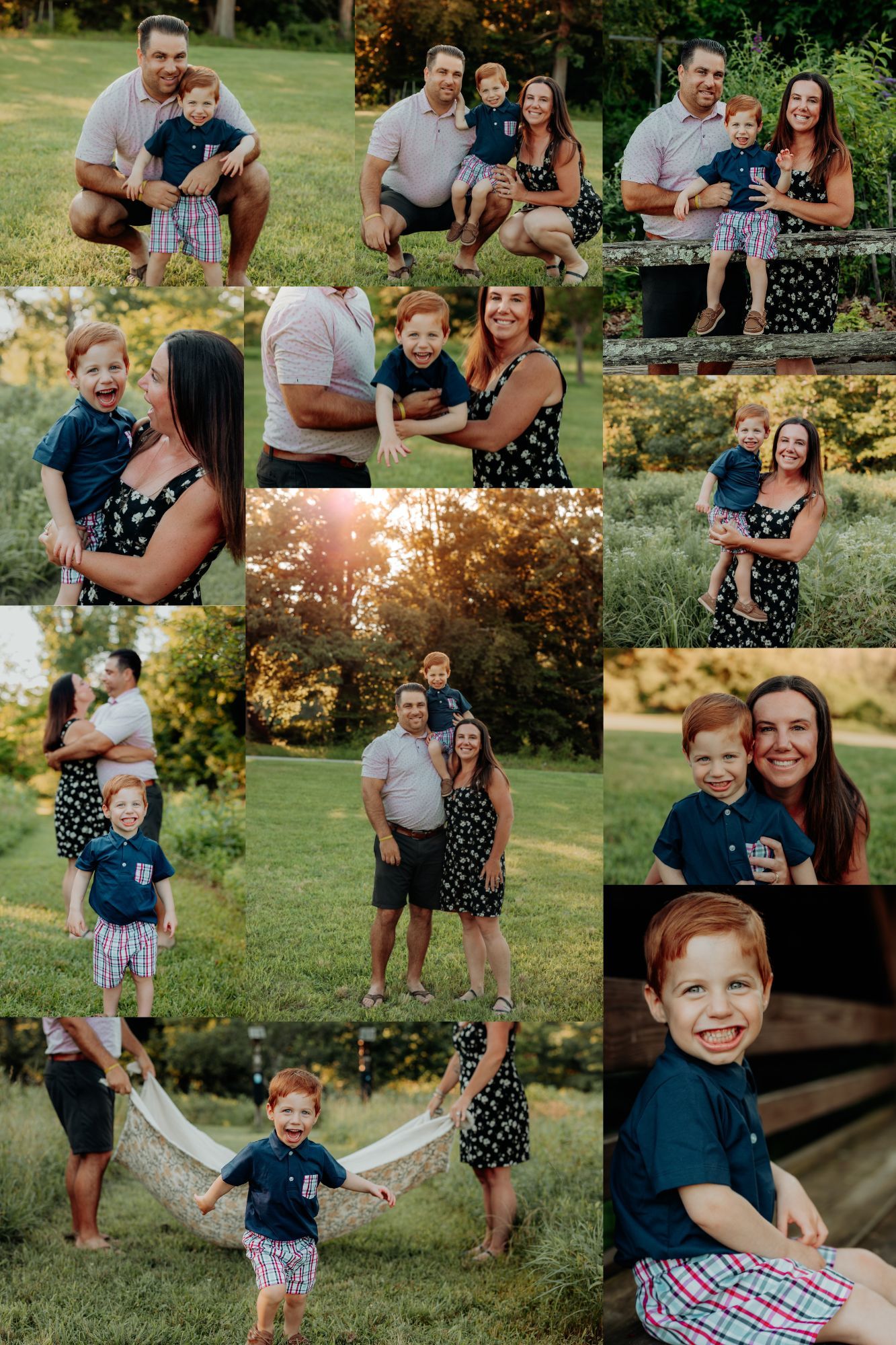 A collage of outdoor family portraits taken in a lush green setting during golden hour showing tender moments and interactions.
