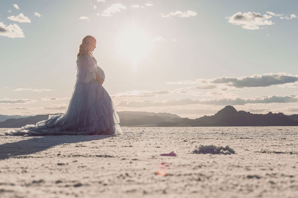 Series of ethereal beach landscape photos at sunset with silhouetted figures.