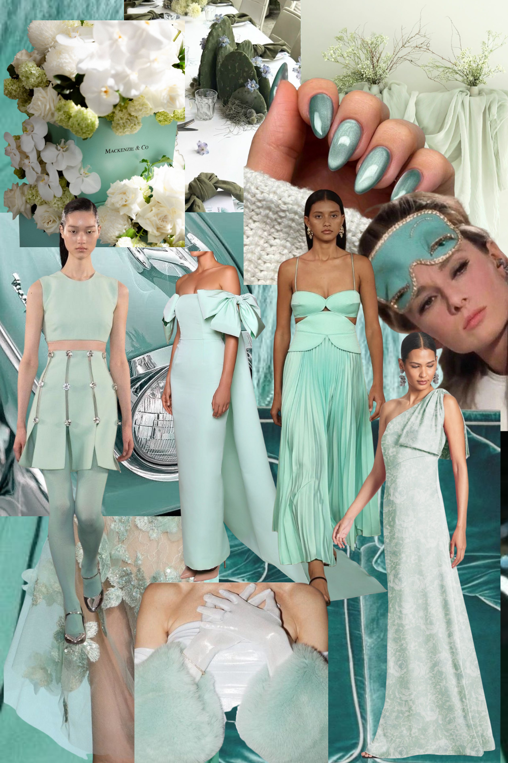 Fashion mood board featuring mint green and turquoise dresses, nails, and accessories with floral accents and ethereal styling.