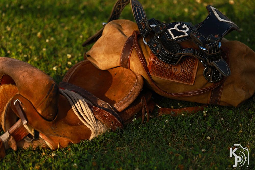 Brown leather western saddle and tack resting on green grass in warm golden sunlight.
