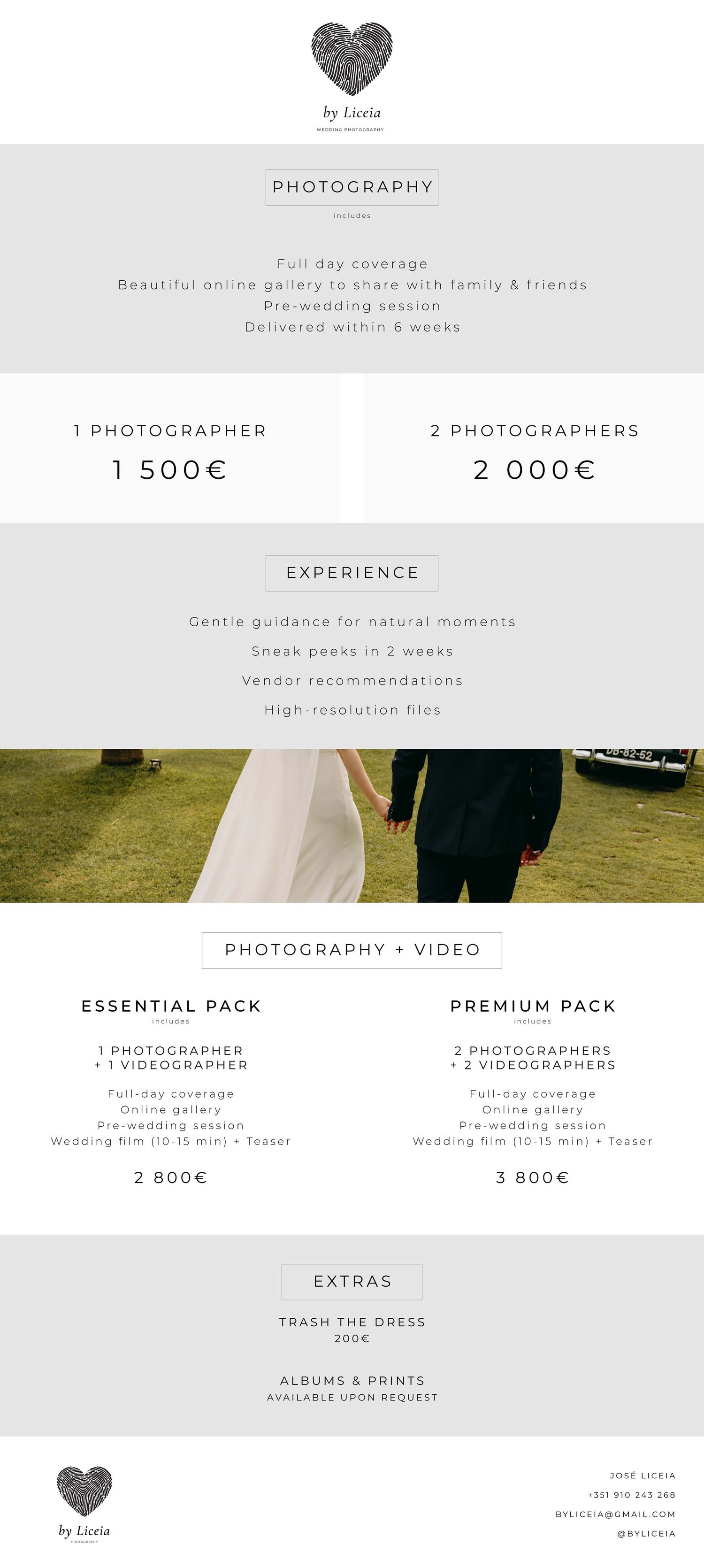 A wedding photography and videography price list showing services for 2027 with golden sunlight flare at the top.