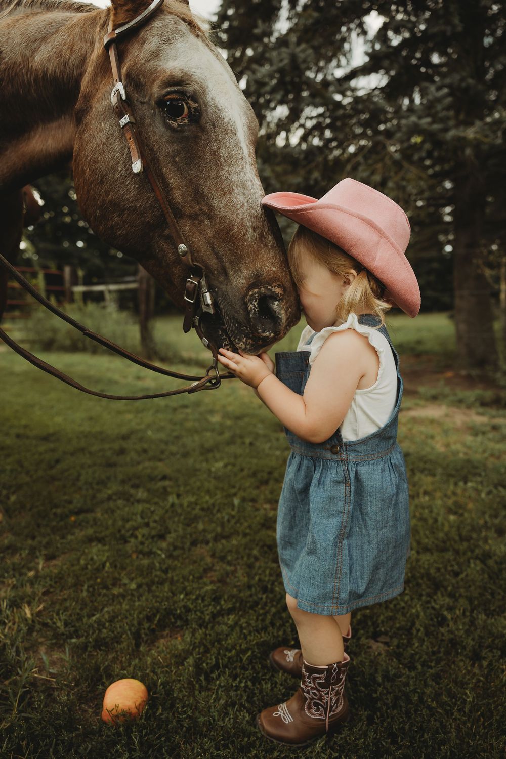 A brown horse nuzzles against a small child in denim overalls standing in a grassy field.