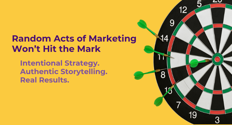 Three dartboards side by side with text overlays about marketing strategy and storytelling on yellow backgrounds.