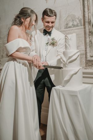 A series of romantic wedding photos showing tender moments between a bride in a classic white gown and groom in formal attire.