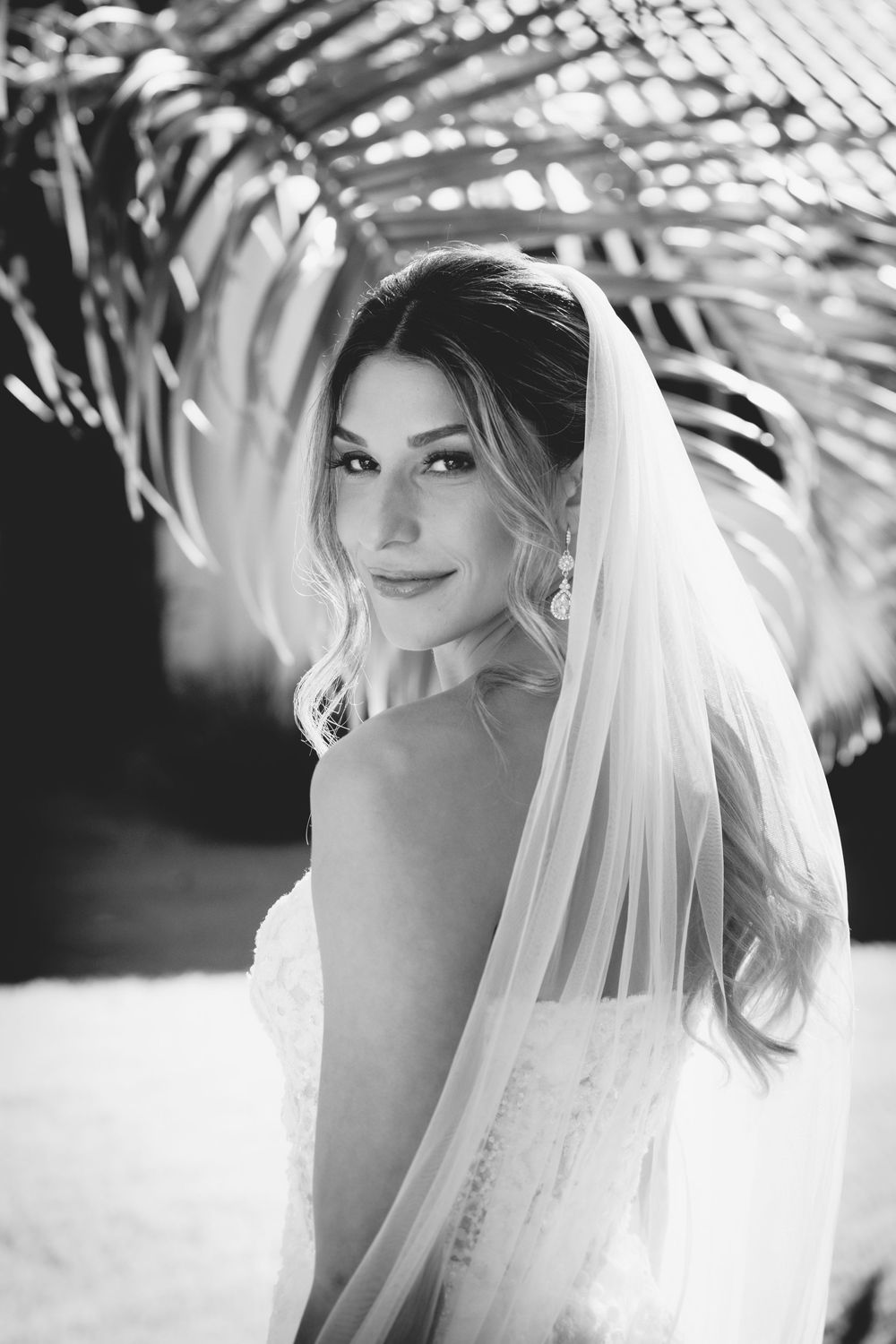 Elegant black and white portrait of bride in lace wedding dress and veil beneath a palm tree.