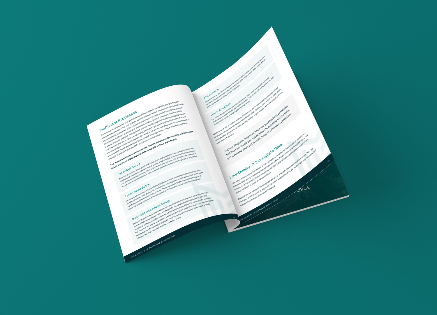 Open book mockup displaying text content on deep teal background.