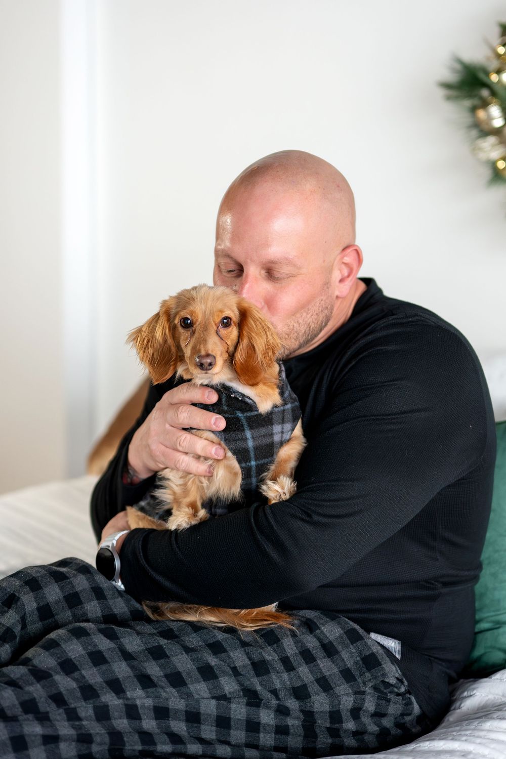 Bald man in black sweater kissing small dachshund puppy dressed in plaid outfit on bed.