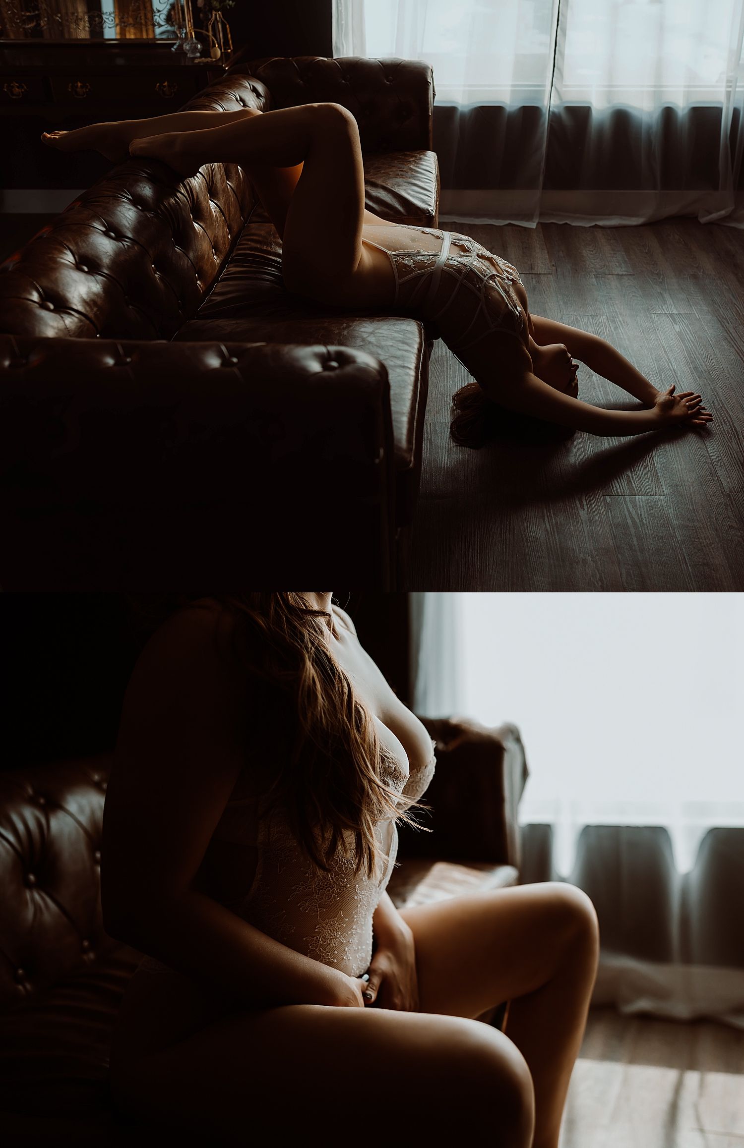 woman leans back over couch in studio by Wisconsin photographer