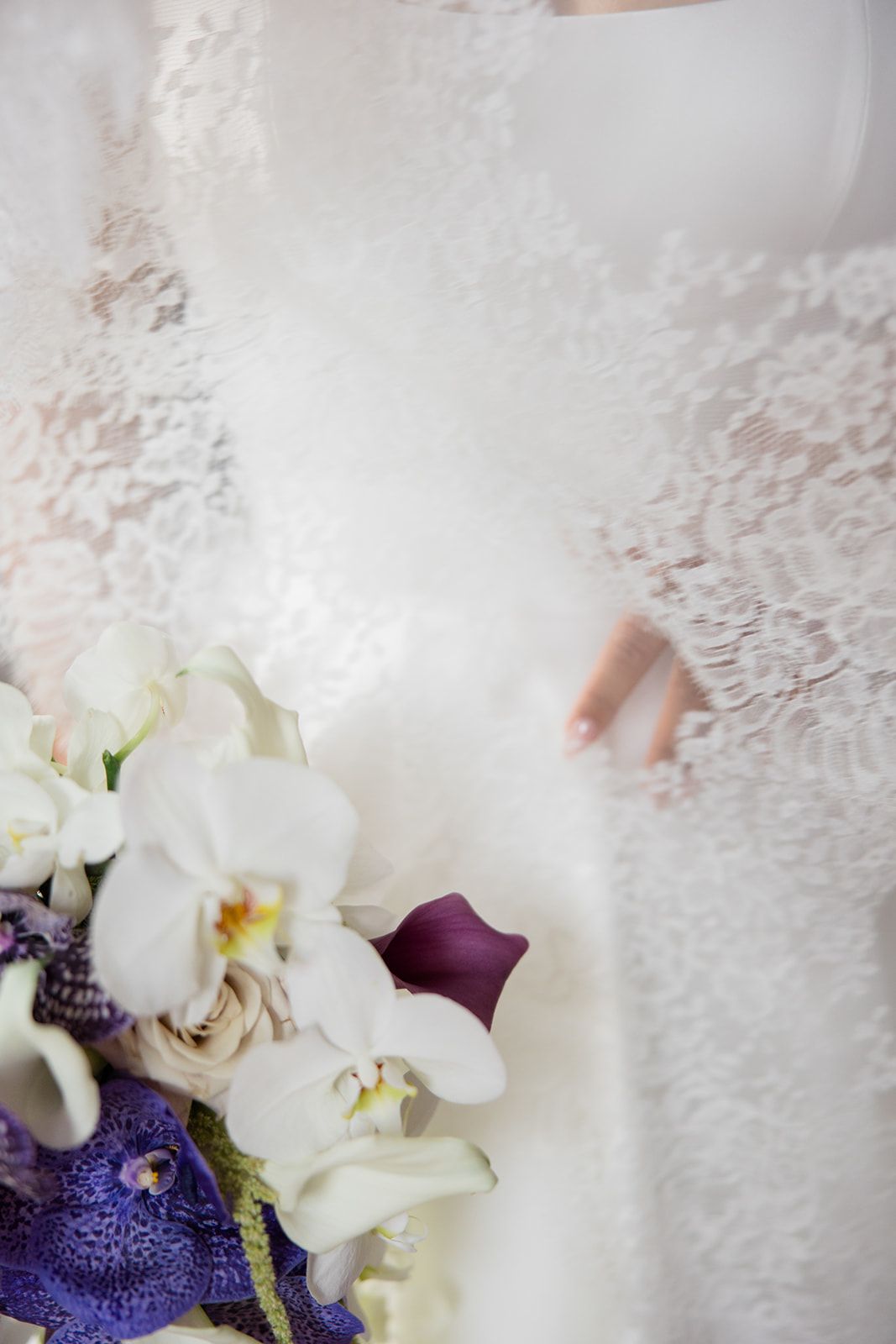 A delicate bridal bouquet featuring white orchids and deep purple flowers against a textured white background.