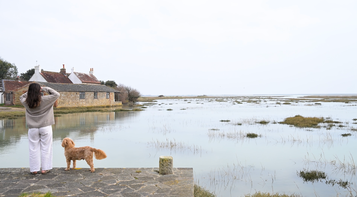 Woman and her golden cockerpoo dog admiring the coastal landscape showing tidal flats, boats, and shoreline views at low tide.