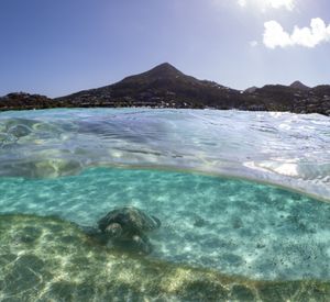 Split view above and below water showing turquoise ocean waves meeting mountainous coastline on a sunny day.