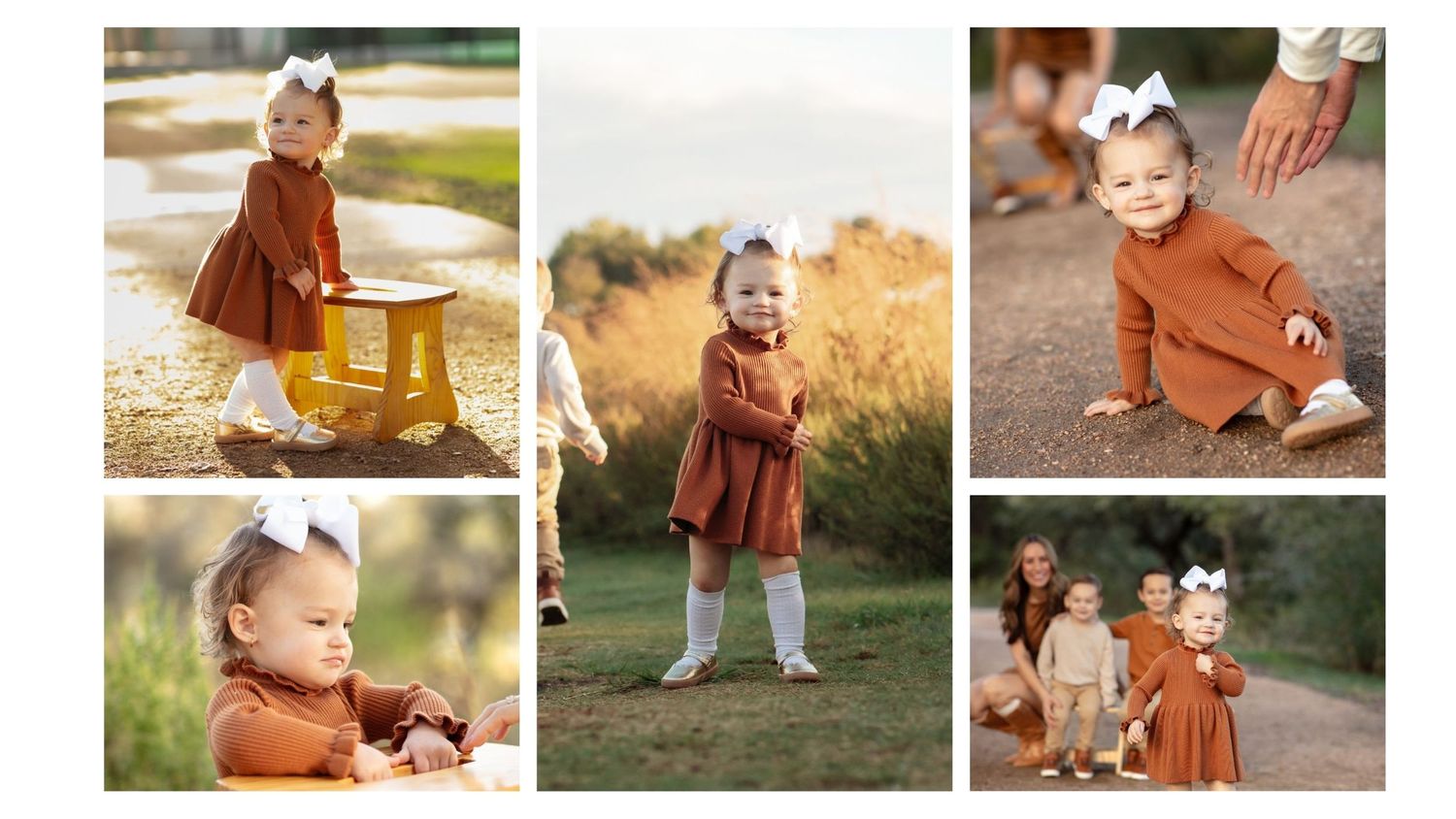 Golden light photo session at Brushy Creek Lake Park, toddler girl in burnt orange dress