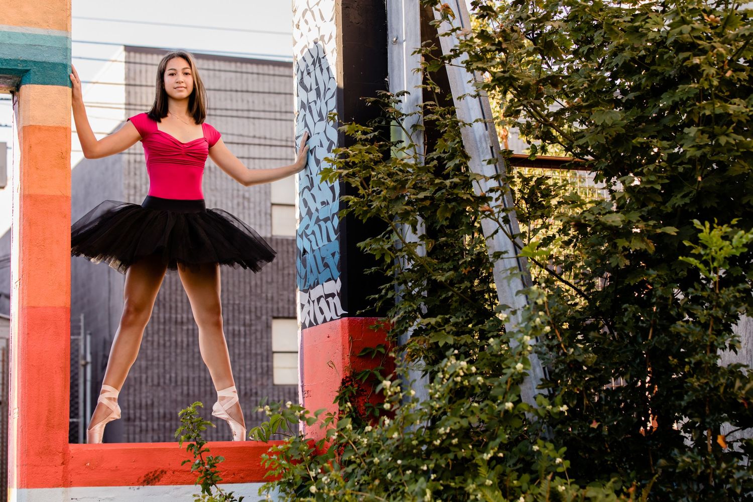 Ballet dancer in red top and black tutu poses gracefully against urban backdrop with trees and buildings.