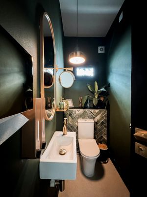Modern dark green bathroom with oval mirror, white sink, toilet and decorative plants creating a moody atmosphere.