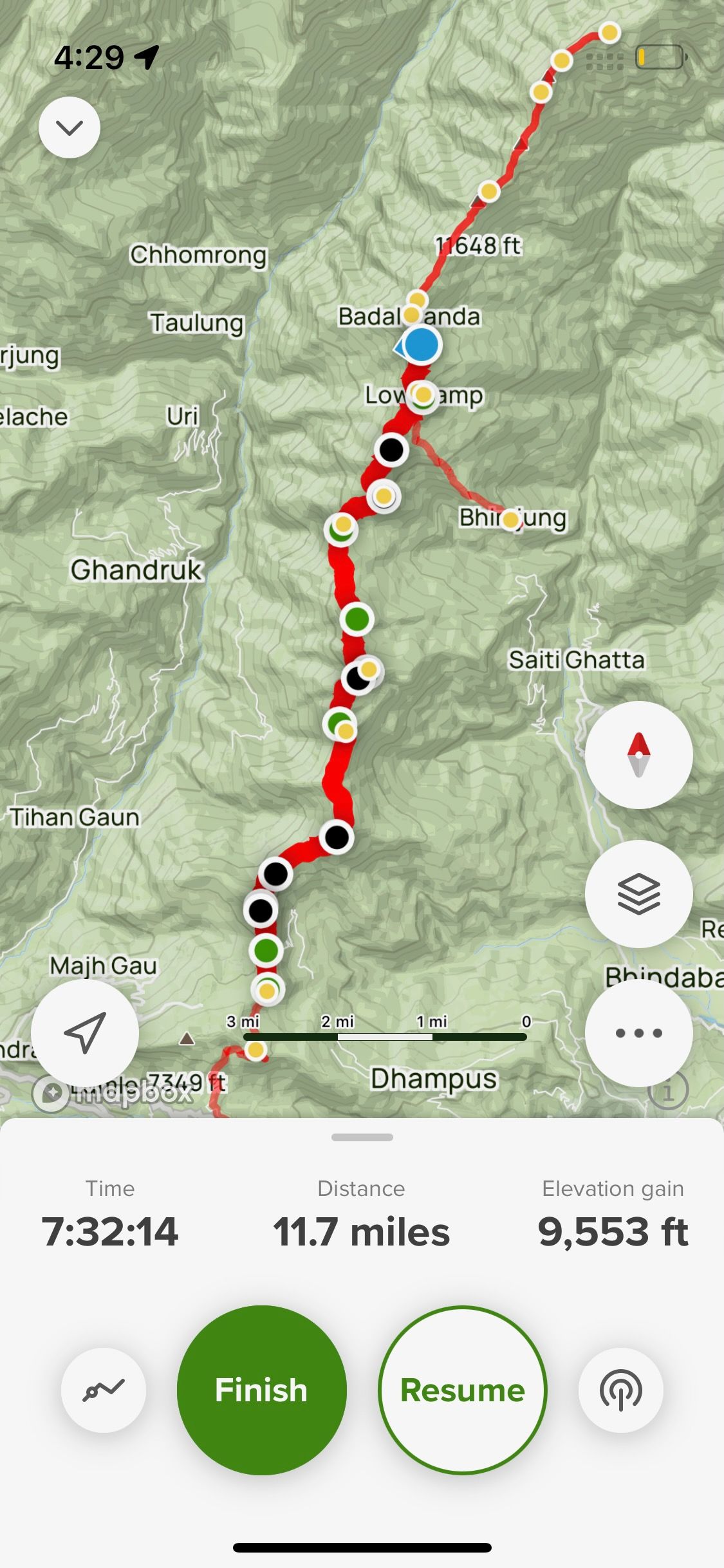 Hiking route map showing 11.7 mile trail with 9,553 ft elevation gain and tracking statistics.