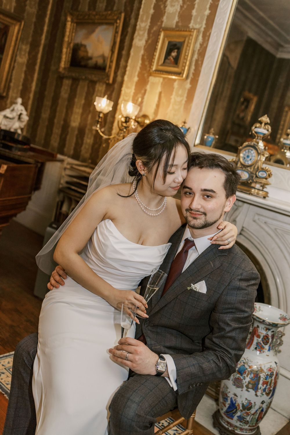 Intimate wedding moments photographed in vintage-styled interior with warm lighting.