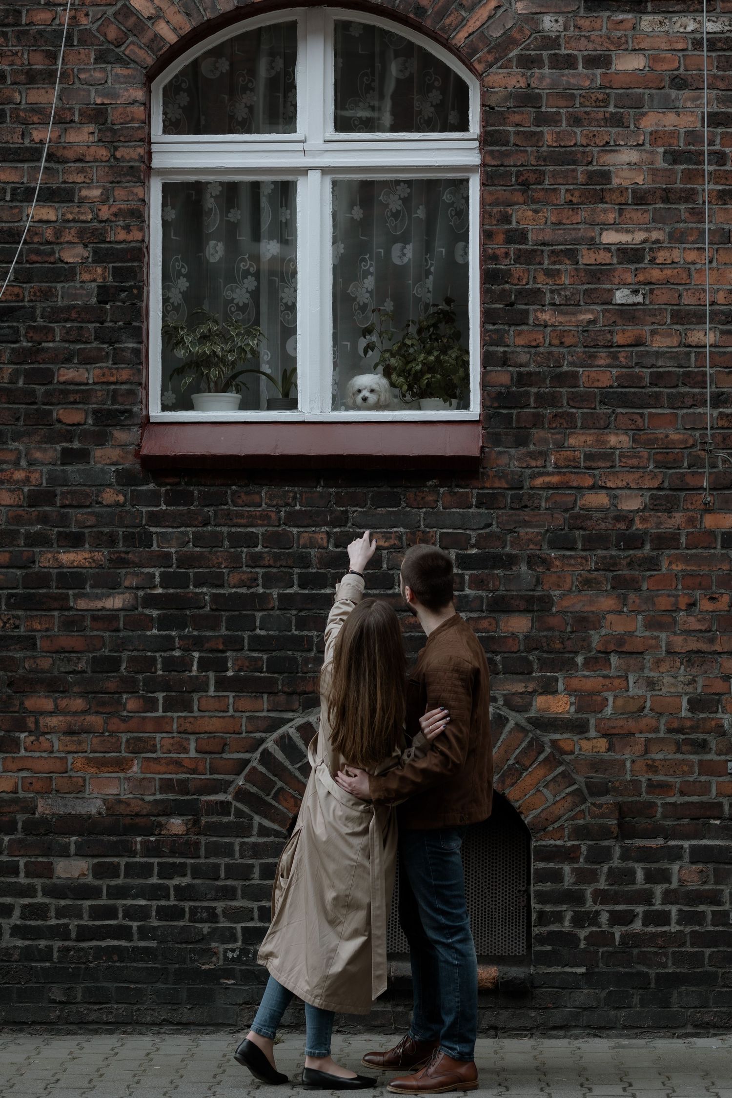 A couple stands looking up at an arched window with decorative curtains on a dark brick building exterior.