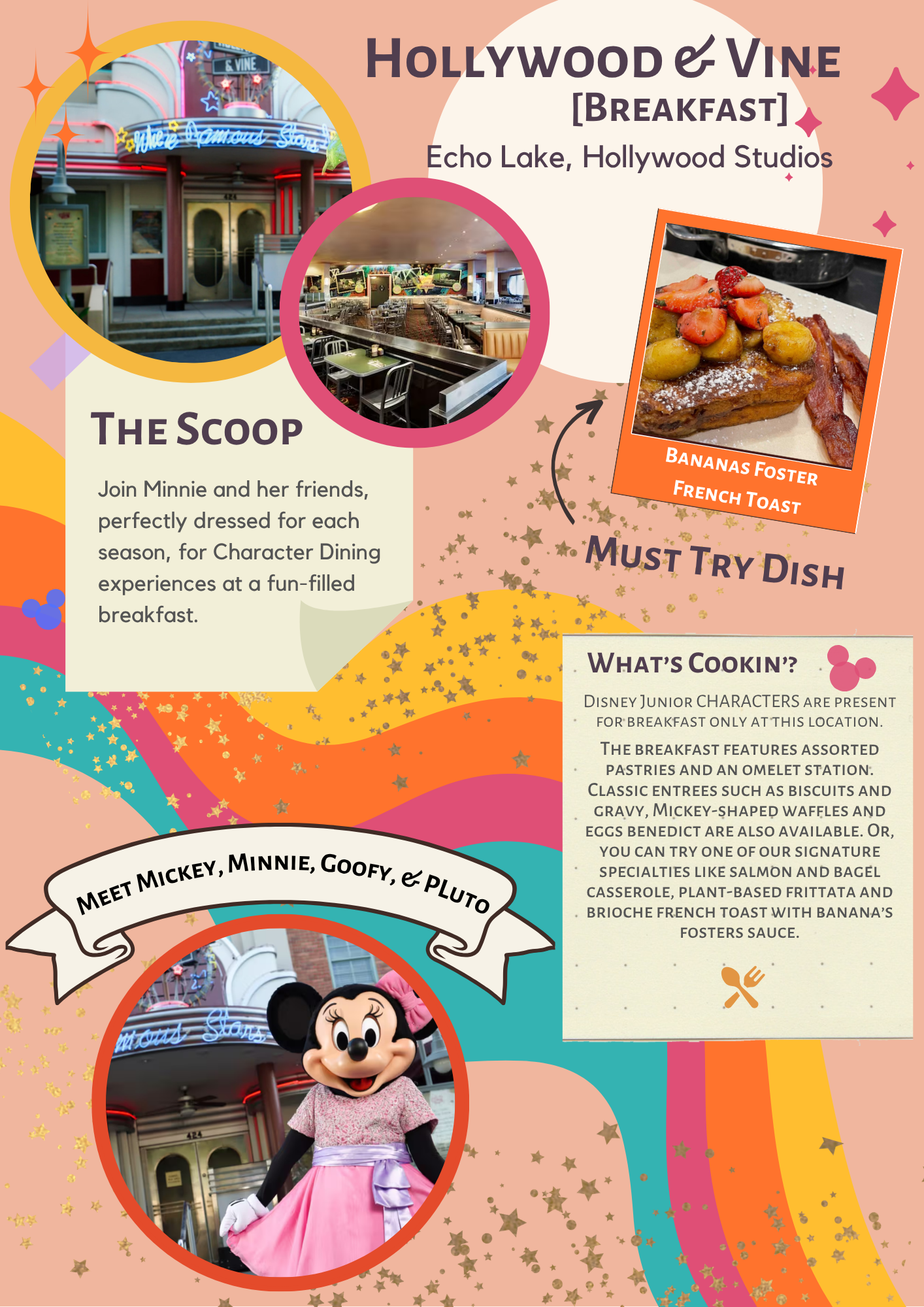 Colorful Disney promotional flyer for Hollywood & Vine breakfast featuring dining area, food photos and animated characters.