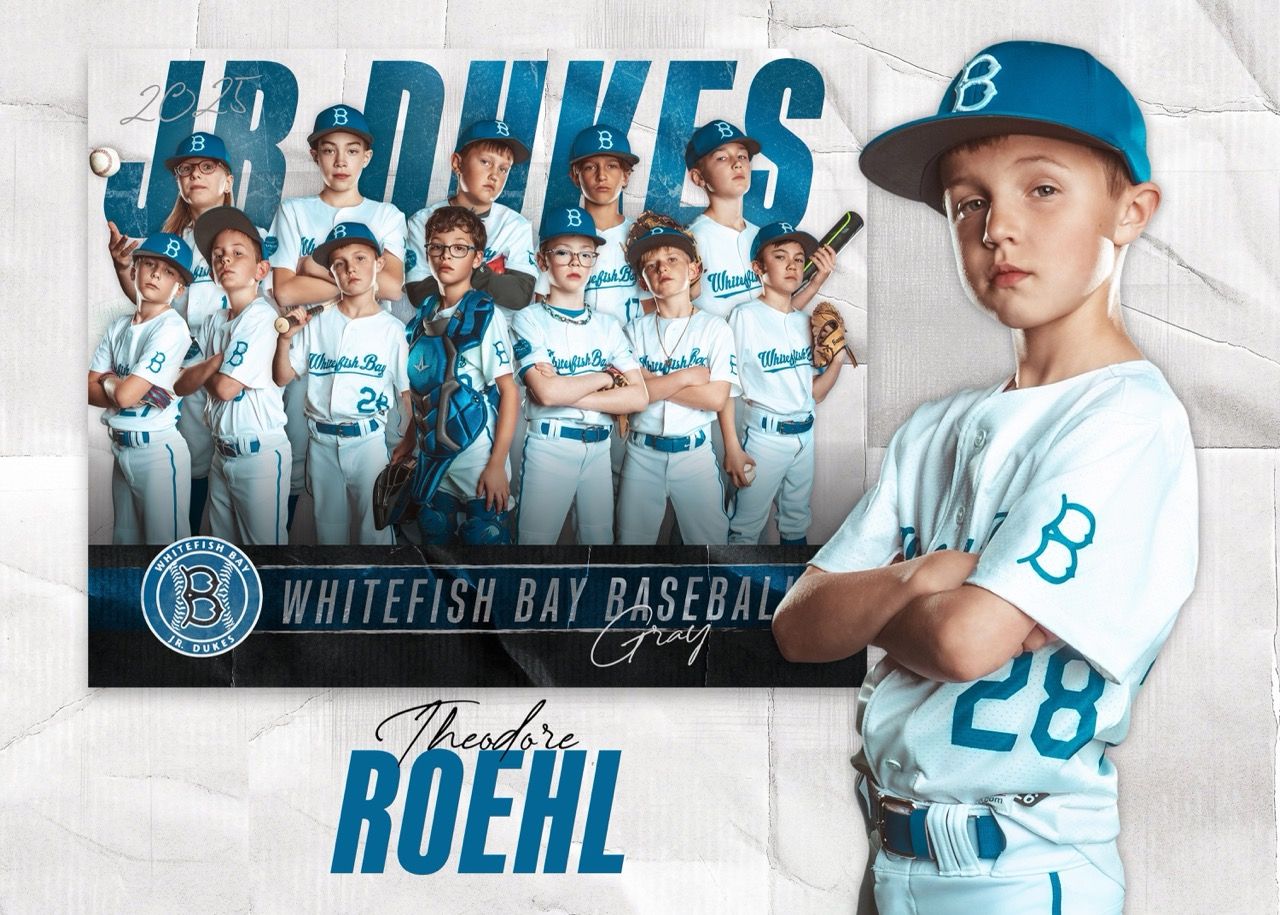 A youth baseball team photo montage in light blue uniforms with a larger player featured prominently on the right side.