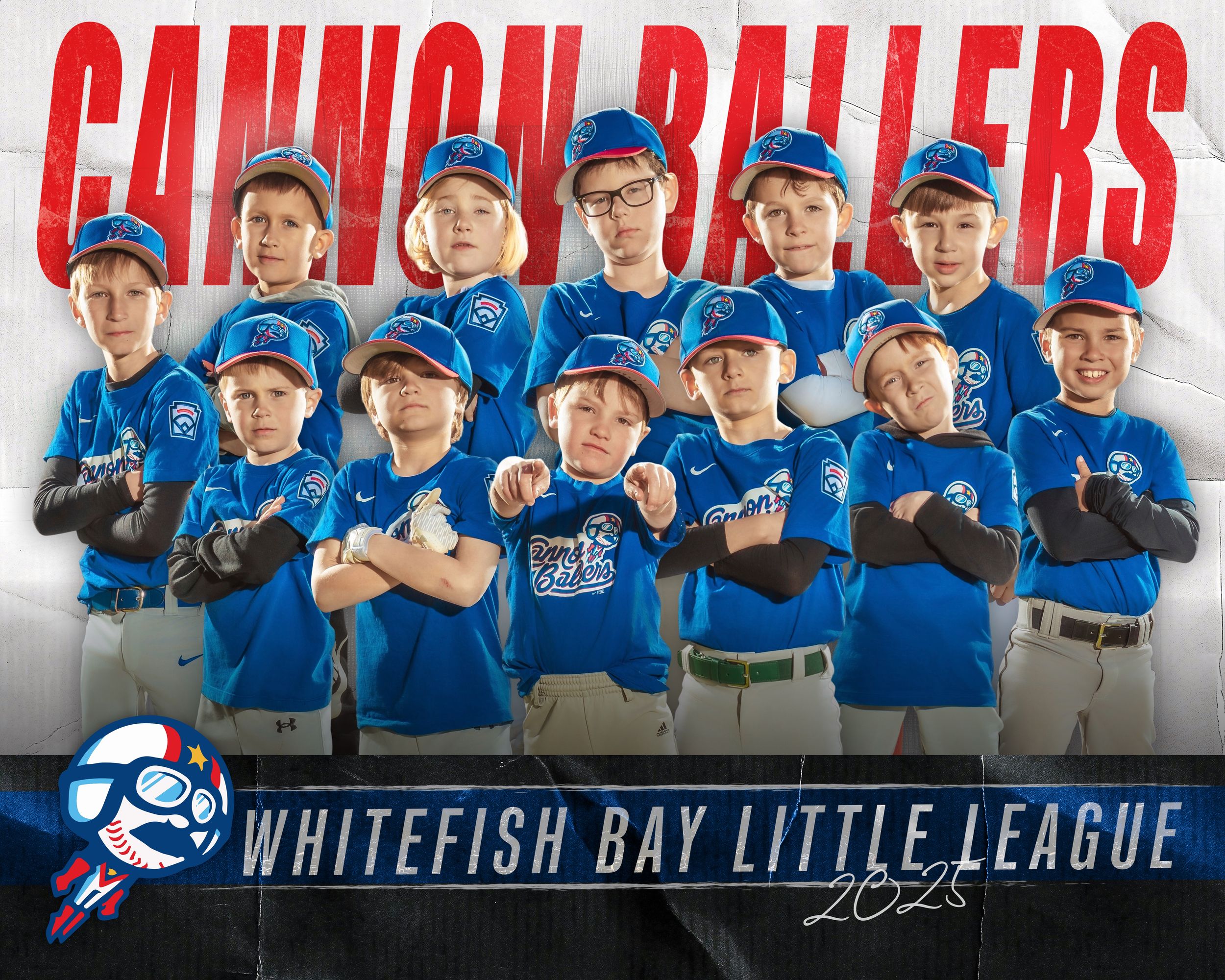 Little league baseball team photo featuring players in bright blue uniforms posing with crossed arms against a white background.