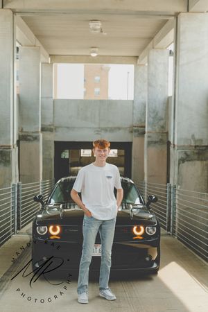 Three sequential photos of a person standing next to a black vintage car in a bright parking garage.