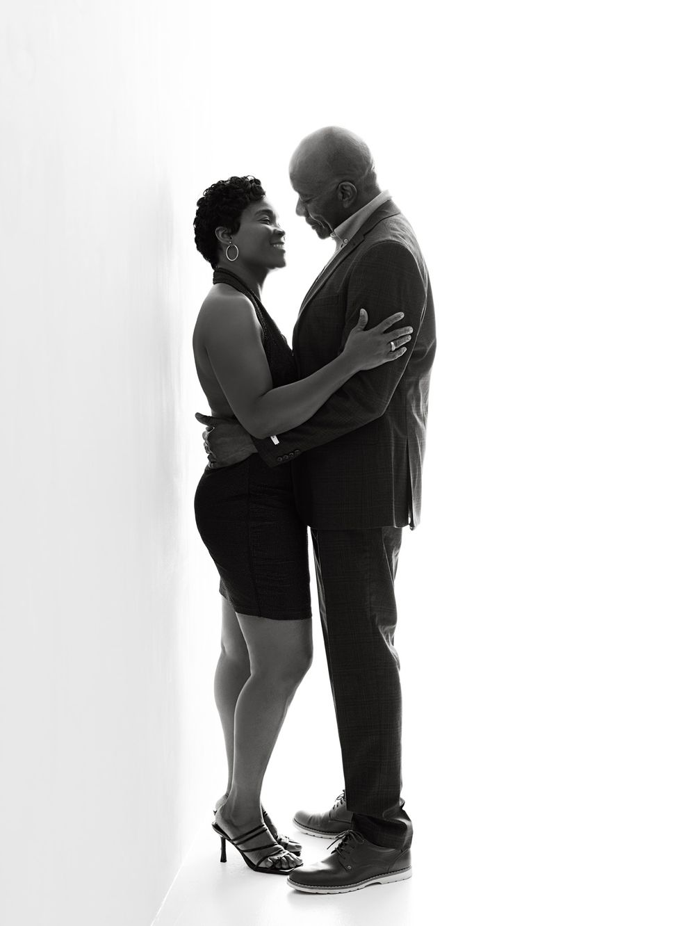 Three black and white silhouette photographs show a couple dancing together in an intimate, romantic pose.