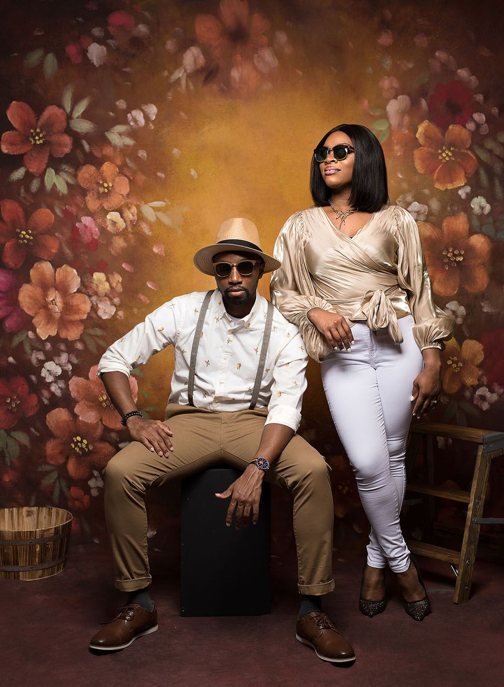 A stylish photo series against a floral backdrop shows people posing in coordinated beige and white outfits.