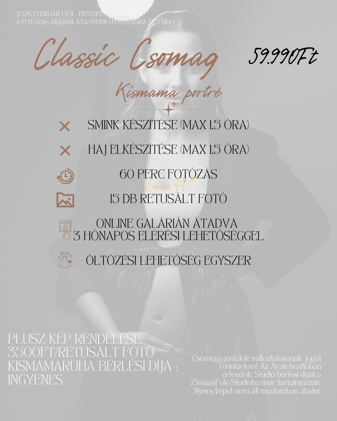 Light gray pricing menu design with elegant script text and photography package details.