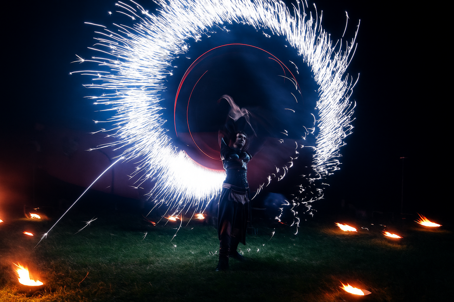 Cracheur de feu en pose longue, cercle de lumière, photographie artistique en Hauts-de-France