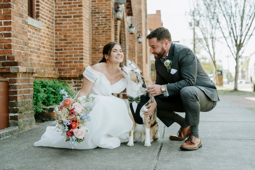 A romantic wedding photoshoot sequence showing tender moments between newlyweds outside a brick church building.
