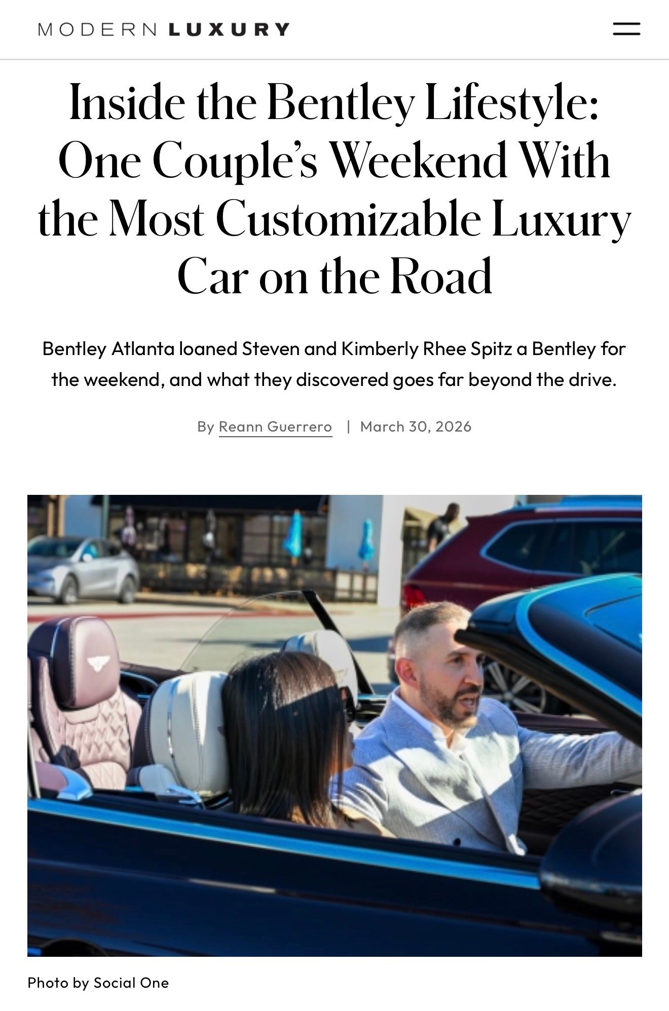 Modern Luxury magazine article featuring couple enjoying a Bentley convertible weekend experience.
